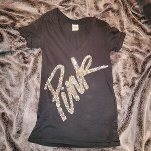 PINK Victoria's Secret Black Tee with Silver Glitter Logo XS